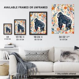 Artery8 Gorilla Ape with Wildflowers Floral Watercolour Framed Wall Art - Size: A4 - thumbnail 3