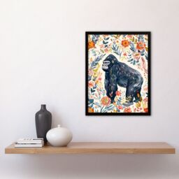 Artery8 Gorilla Ape with Wildflowers Floral Watercolour Framed Wall Art - Size: A4 - thumbnail 4