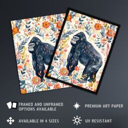 Artery8 Gorilla Ape with Wildflowers Floral Watercolour Framed Wall Art - Size: A4 - thumbnail 2