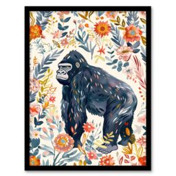 Artery8 Gorilla Ape with Wildflowers Floral Watercolour Framed Wall Art - Size: A4 - thumbnail 1