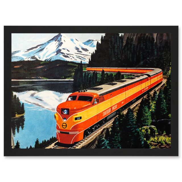 Artery8 Train Rail Southern Pacific Mountain Travel Railway Vintage A4 Artwork Framed Wall Art Print in Black - image 1