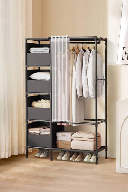 Living and Home Freestanding Portable Metal Clothes Closet Bedroom Cabinet with Storage Basket Garment Rack in Black - image 1