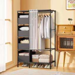 Living and Home Freestanding Portable Metal Clothes Closet Bedroom Cabinet with Storage Basket Garment Rack in Black - thumbnail 3