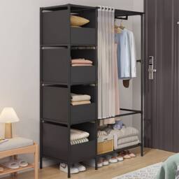Living and Home Freestanding Portable Metal Clothes Closet Bedroom Cabinet with Storage Basket Garment Rack in Black - thumbnail 2