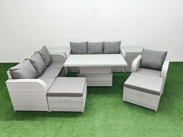 Fimous 9 Seater Poly Rattan Outdoor Garden Furniture Adjustable Lifting Dining or Coffee Table Sofa Set Patio 3 Seater Sofa Reclining Chair 3 Seater - image 1