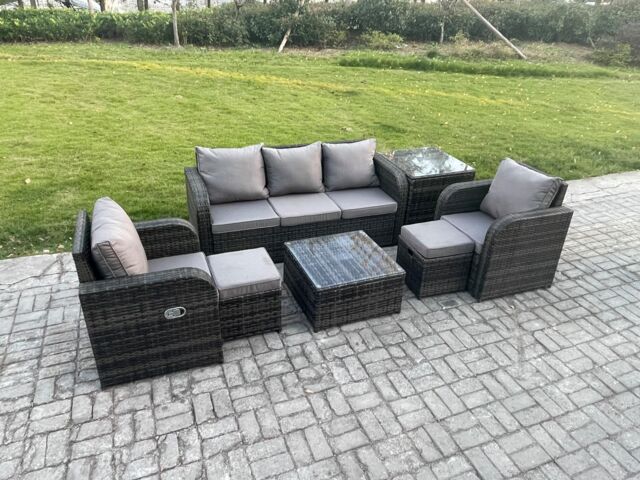 Fimous Garden Furniture Sets 7 Seater Wicker Rattan Furniture Patio Sofa Sets with Reclining Chair 3 Seater Sofa Side Table in Dark Grey - image 1