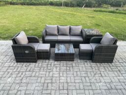 Fimous Garden Furniture Sets 7 Seater Wicker Rattan Furniture Patio Sofa Sets with Reclining Chair 3 Seater Sofa Side Table in Dark Grey - thumbnail 2