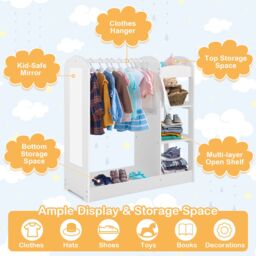 Gymax Kids Closet Toddlers Costume Toy Organizer With Mirror & Cloth Hanger in White - thumbnail 6