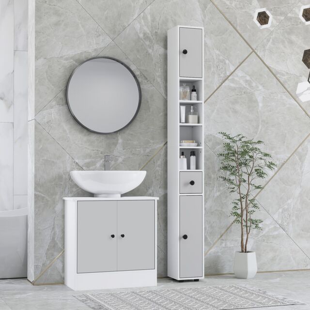 Kleankin Slim Bathroom Cabinet, Toilet Roll Storage w/ Shelves, Light Grey - image 1