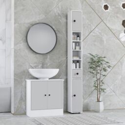 Kleankin Slim Bathroom Cabinet, Toilet Roll Storage w/ Shelves, Light Grey - thumbnail 1