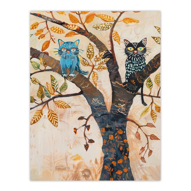 "Artery8 Two Kittens on an Autumn Tree Folk Art Cat Lover Wall Art Print in Beige - Size: W24"" x H32""" - image 1