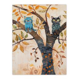 "Artery8 Two Kittens on an Autumn Tree Folk Art Cat Lover Wall Art Print in Beige - Size: W24"" x H32""" - thumbnail 1