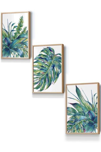 ARTZE Framed Blue Green Watercolour Tropical Leaves Framed Wall Art - Small in Light Oak - Size: W33 cm x H45 cm x D20mm - image 1