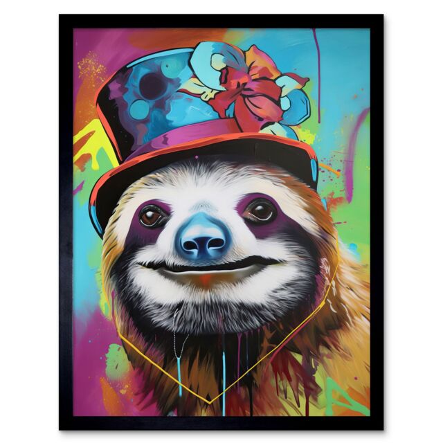 "Artery8 Wall Art Print Sloth Wearing Summer Hat Modern Pop Art Framed in Black - Size: W12"" x H16""" - image 1