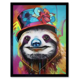 "Artery8 Wall Art Print Sloth Wearing Summer Hat Modern Pop Art Framed in Black - Size: W12"" x H16""" - thumbnail 1