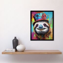"Artery8 Wall Art Print Sloth Wearing Summer Hat Modern Pop Art Framed in Black - Size: W12"" x H16""" - thumbnail 2
