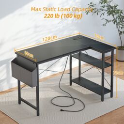 BEXEVUE L-Shaped Computer Gaming Desk with Power Outlets 100×70/120x70cm in Black - Size: 120 cm x 70 cm - thumbnail 7