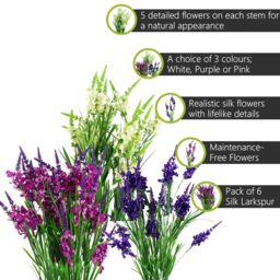 Pegdev Pack of 6 White Larkspur Stems 80cm Silk Flowers - thumbnail 2