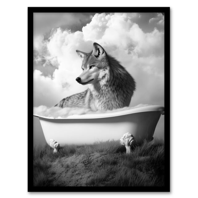 "Artery8 Wolf in Bathtub Surreal Black White Bubble Bath Framed Art Print in Grey - Size: W12"" x H16""" - image 1