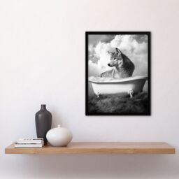 "Artery8 Wolf in Bathtub Surreal Black White Bubble Bath Framed Art Print in Grey - Size: W12"" x H16""" - thumbnail 4