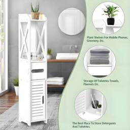 Kelvenix Single door bathroom cabinet Wood Slim Shelf Cupboard Storage in White - thumbnail 6