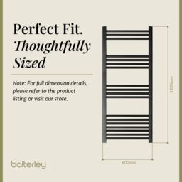 Balterley Straight Heated Towel Rail Radiator, 811W, 600 x 1200mm, Matt Black - thumbnail 5