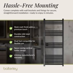 Balterley Straight Heated Towel Rail Radiator, 811W, 600 x 1200mm, Matt Black - thumbnail 4