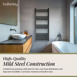 Balterley Straight Heated Towel Rail Radiator, 811W, 600 x 1200mm, Matt Black - thumbnail 3