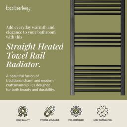 Balterley Straight Heated Towel Rail Radiator, 811W, 600 x 1200mm, Matt Black - thumbnail 2