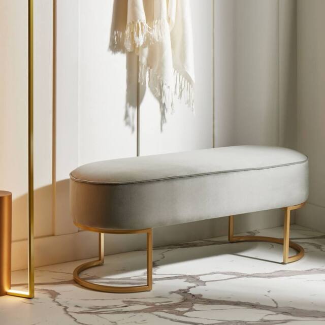 Wyld and Coco Light Grey Velvet Bed Bench with Gold Accent Legs Oval Seat - image 1