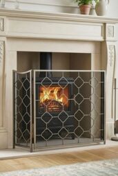 Dibor Vintage Style Pewter Marrakesh Footed Fireplace Guard Fire Screen Guard H63cm x W106cm in Silver
