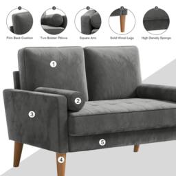 Dprodo 121CM Velvet Love Seat Couch with 2 Pillows in Grey - Size: 1 Pack - thumbnail 3