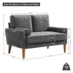 Dprodo 121CM Velvet Love Seat Couch with 2 Pillows in Grey - Size: 1 Pack - thumbnail 5