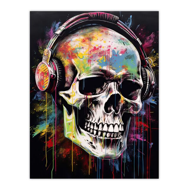 "Artery8 Wall Art Print Hardcore Punk Music Artwork Vibrant Drip Paint Skull With Headphones Poster - Size: W24"" x H32""" - image 1