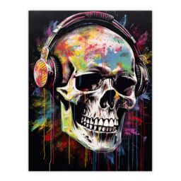 "Artery8 Wall Art Print Hardcore Punk Music Artwork Vibrant Drip Paint Skull With Headphones Poster - Size: W24"" x H32""" - thumbnail 1