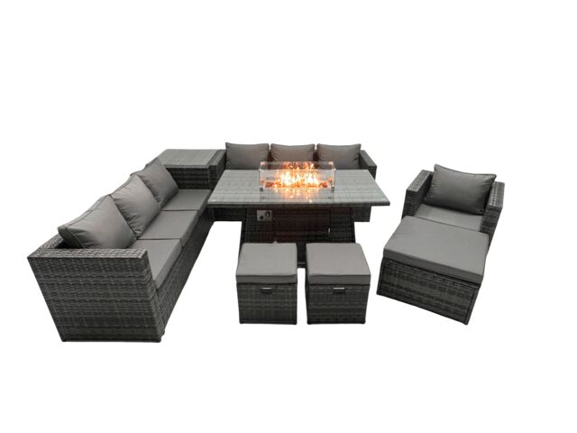 Fimous Rattan Garden Furniture Firepit Dining Set 10 Seater Lounge Sofa Table Set with side table 3 Footstool in Dark Grey - image 1
