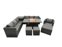 Fimous Rattan Garden Furniture Firepit Dining Set 10 Seater Lounge Sofa Table Set with side table 3 Footstool in Dark Grey - thumbnail 2