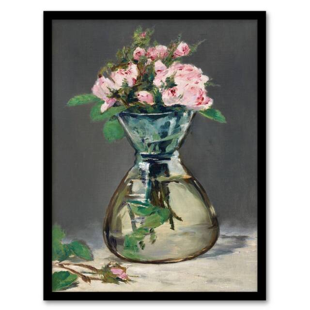 Artery8 Edouard Manet Framed Wall Art Print Moss Roses in a Vase Oil Painting in Grey - Size: A4 - image 1
