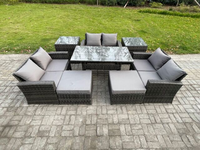 Fimous Wicker PE Rattan Garden Furniture Sets Outdoor Lounge Sofa Set with Oblong Dining Table Double Seat Sofa 2 Big Footstool in Dark Grey - image 1