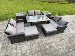 Fimous Wicker PE Rattan Garden Furniture Sets Outdoor Lounge Sofa Set with Oblong Dining Table Double Seat Sofa 2 Big Footstool in Dark Grey - thumbnail 2