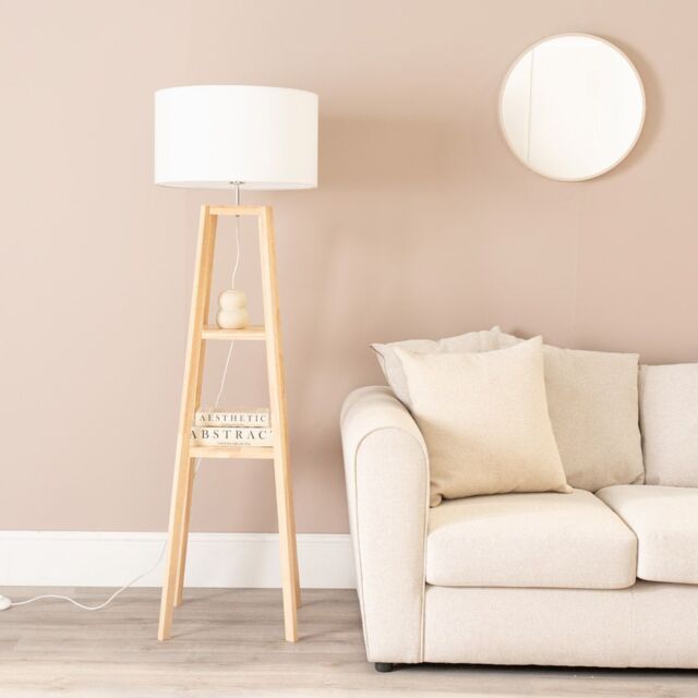 ValueLights Wakefield Quad Base Two Shelf Wooden Floor Lamp with Fabric Shade in White - image 1