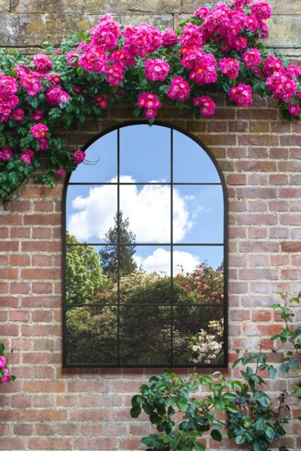 MirrorOutlet Black Metal Framed Arched Window Wall Garden Mirror (120CM X 80CM) - Size: 1 Pack - image 1