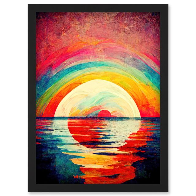 Artery8 Rainbow Sunset At Sea Vibrant Expressionism Artwork Framed Wall Art Print A4 in Black - image 1