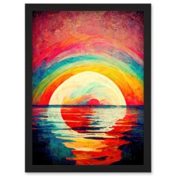 Artery8 Rainbow Sunset At Sea Vibrant Expressionism Artwork Framed Wall Art Print A4 in Black - thumbnail 1