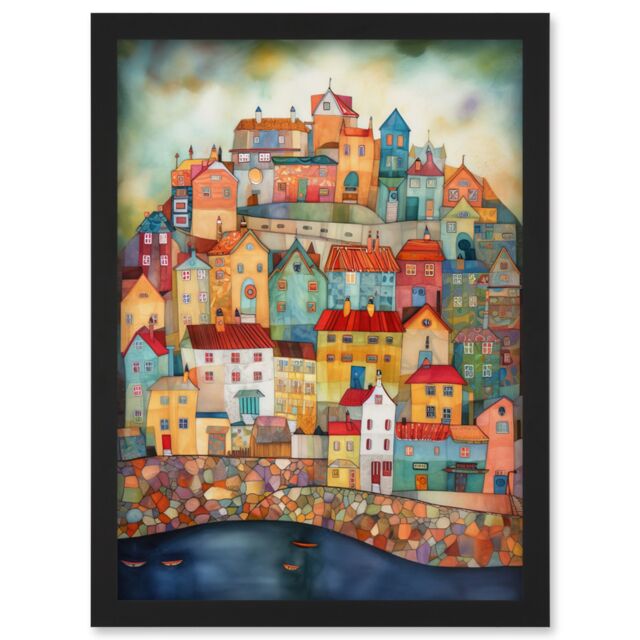 Artery8 Home By The Sea Folk Art Artwork Framed Wall Art Print A4 in Black - image 1