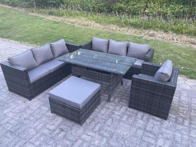 Fimous 8 Seater Outdoor Lounge Sofa Garden Furniture Set Patio Rattan Rectangular Dining Table Chair in Dark Grey - image 1