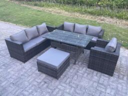 Fimous 8 Seater Outdoor Lounge Sofa Garden Furniture Set Patio Rattan Rectangular Dining Table Chair in Dark Grey - thumbnail 2
