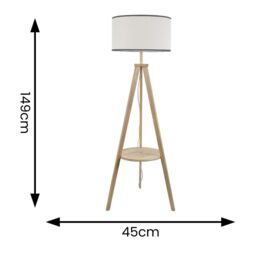 ValueLights Morrigan Natural Wood Tripod Floor Lamp with Linen Trimmed Drum Shade in Black - thumbnail 3