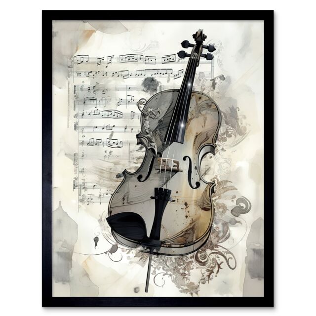 "Artery8 Wall Art Print Violin Instrument & Sheet Music Modern Monochrome Watercolour Art Framed in Black - Size: W12"" x H16""" - image 1