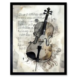 "Artery8 Wall Art Print Violin Instrument & Sheet Music Modern Monochrome Watercolour Art Framed in Black - Size: W12"" x H16""" - thumbnail 1
